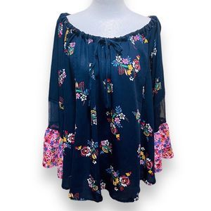 Rocks & Indigo Peasant Blouse Women Large Multi Color Gauzy Bell Sleeve Cottage